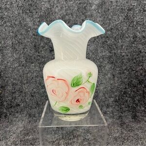 Fenton Inspired 6” Optic Swirl Aqua Trim Ruffled Edge Vase Hand Painted Roses